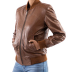 Load image into Gallery viewer, Womens Bomber Leather Jacket-Cognac
