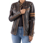 Load image into Gallery viewer, Distressed Café Racer Vintage Leather Jacket Women-Brown

