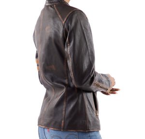 Distressed Café Racer Vintage Leather Jacket Women-Brown