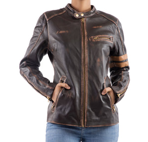 Distressed Café Racer Vintage Leather Jacket Women-Brown