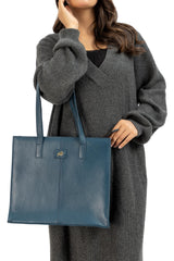 Everyday Women's Leather  Zipper Tote Bag-Midnight Blue