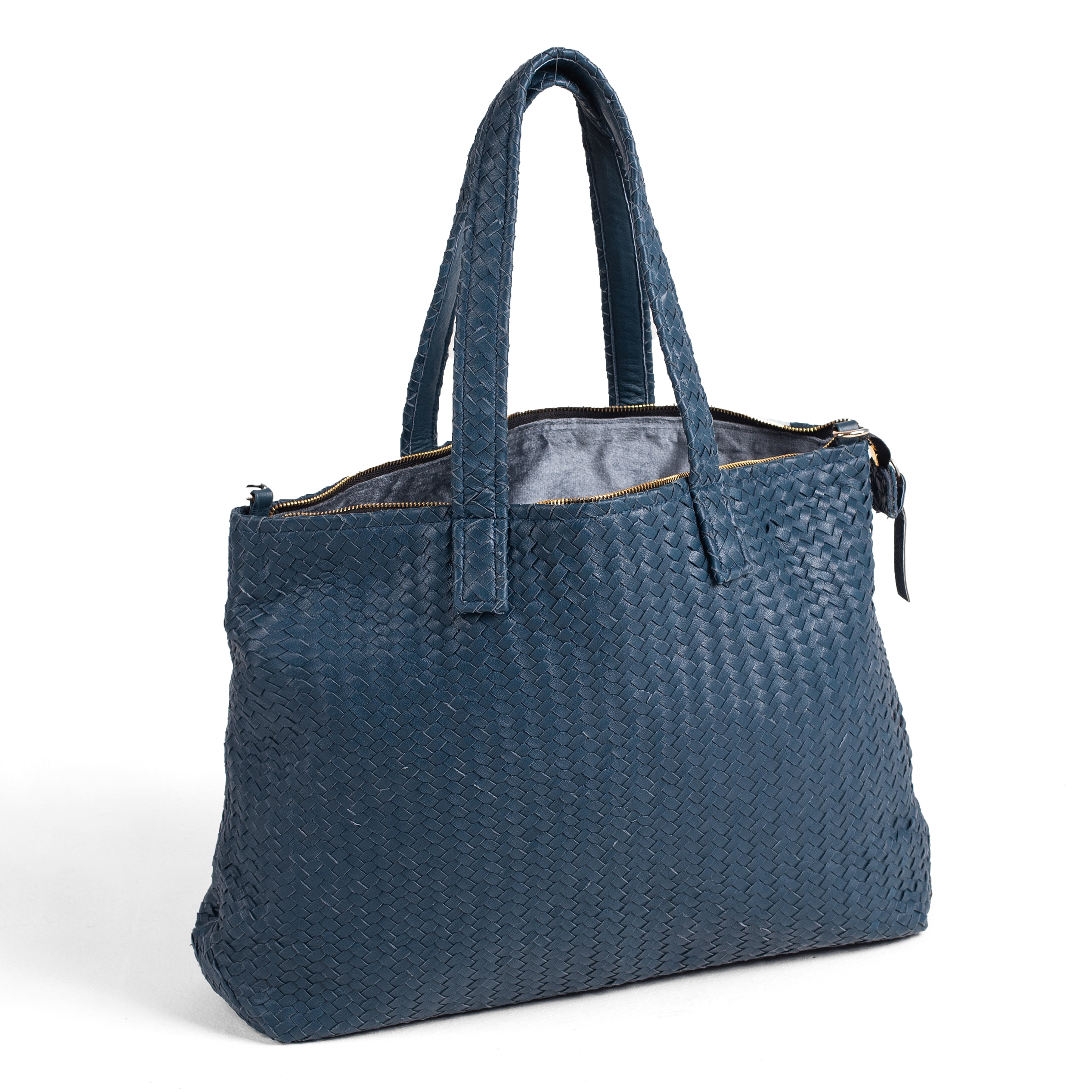 Handmade Woven  Original Leather Bag With Zipper-Blue