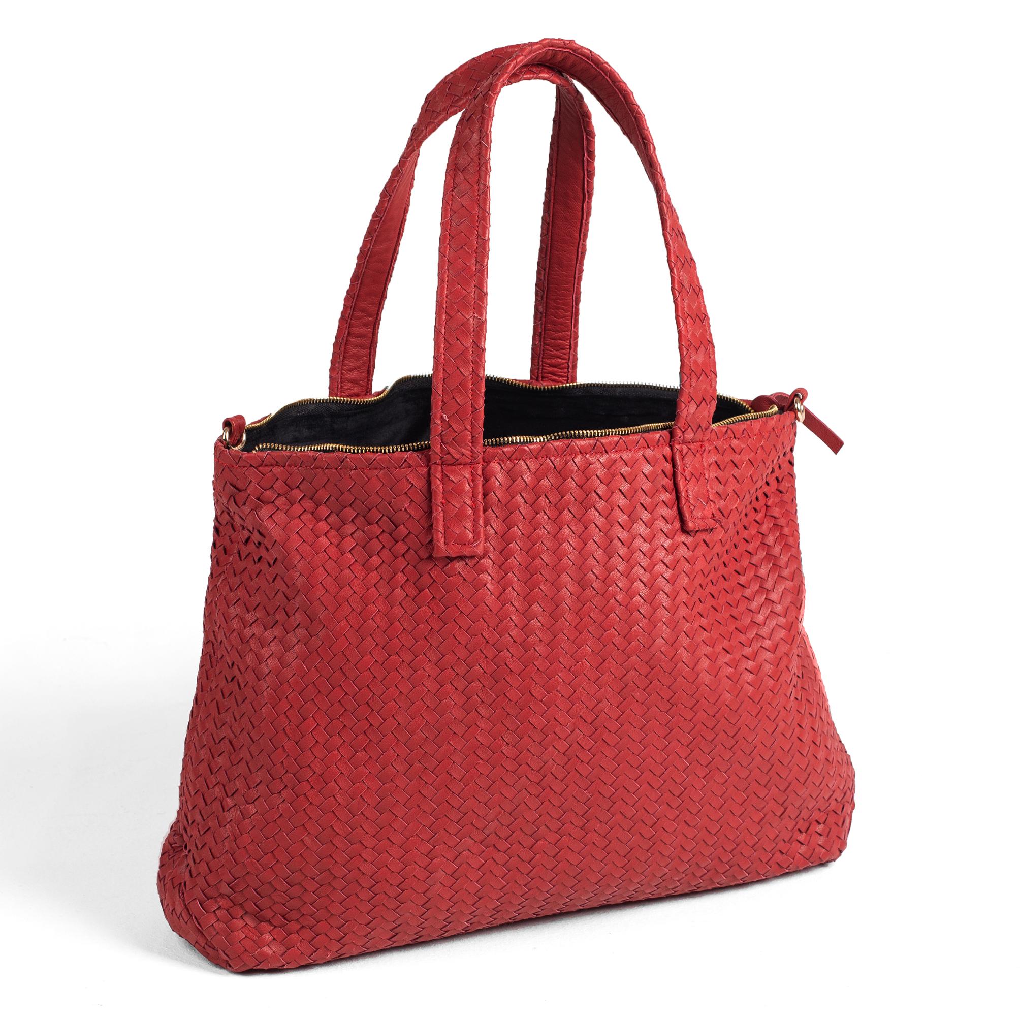 Handmade Woven Original Leather Bag With Zipper-Red
