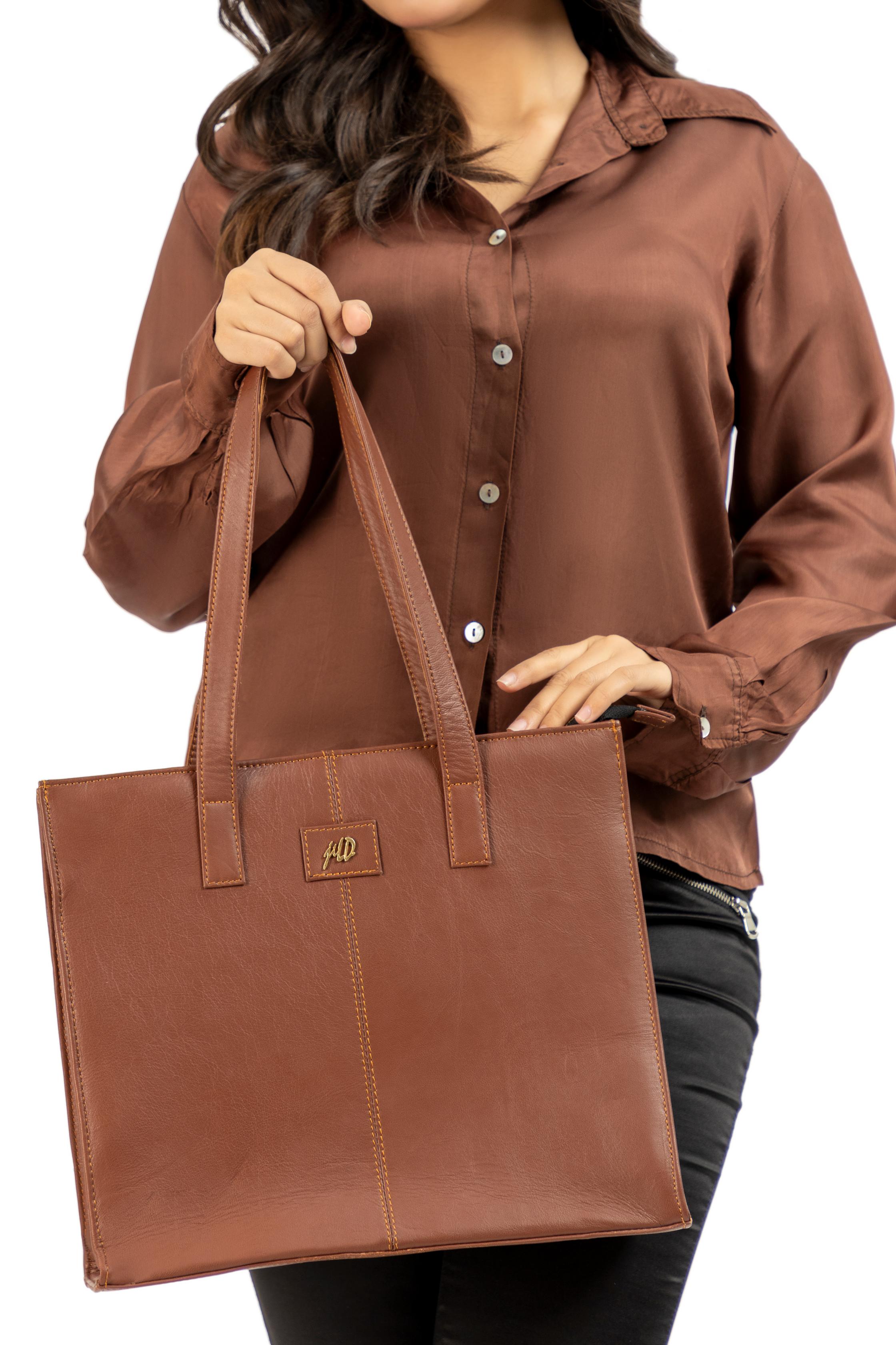 Everyday Women's Leather  Zipper Tote Bag-Tan Brown