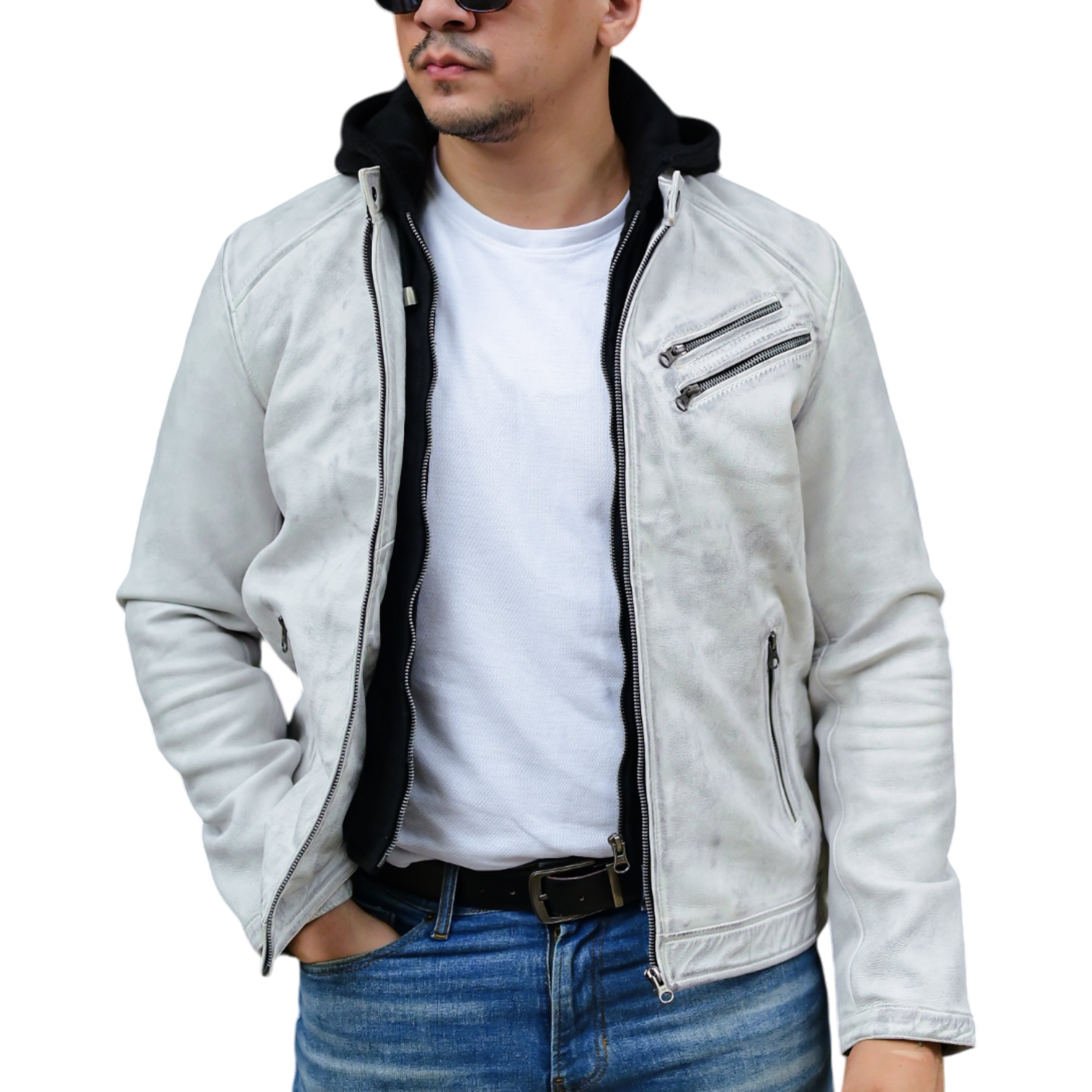 Mens Casual Hooded Vintage Leather Jacket with Removable Hood Jild