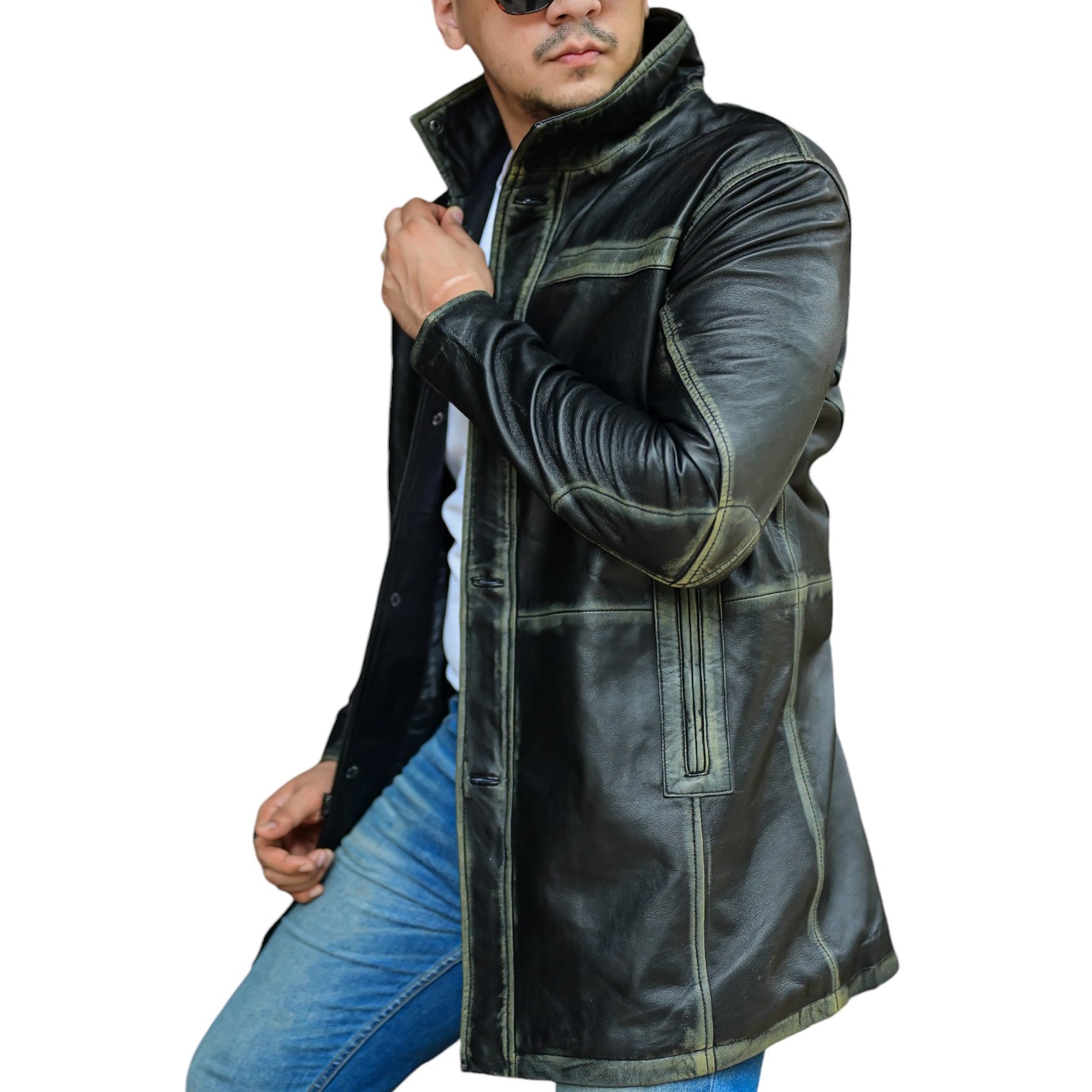 Jild 3/4 Length Trench Leather Car Coats for Men
