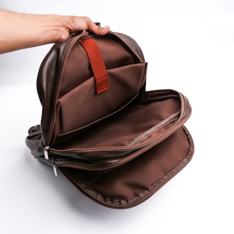 Trio Leather Backpack-DARK BROWN