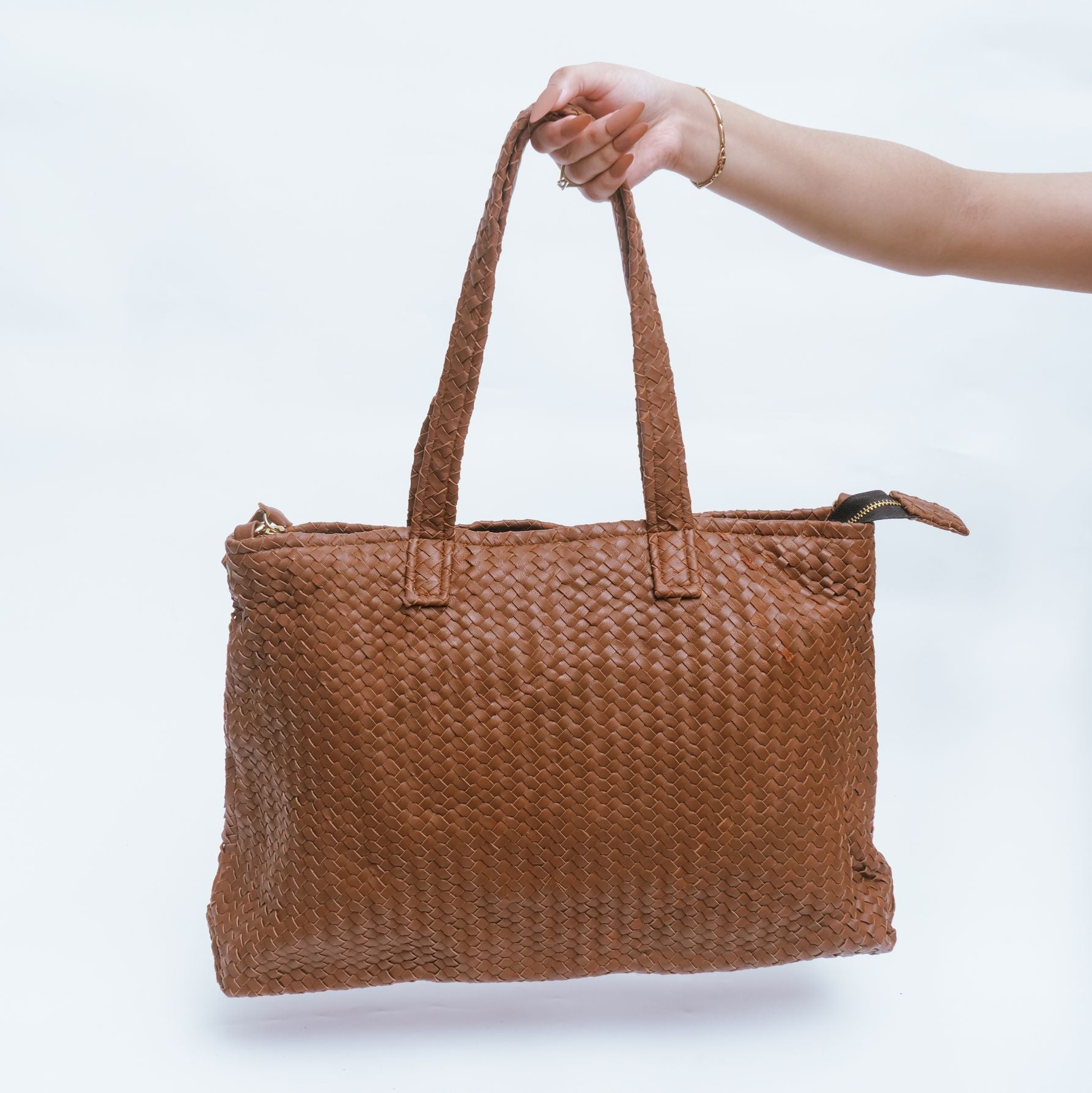 Handmade Woven  Original Leather Bag With Zipper-Tan Brown