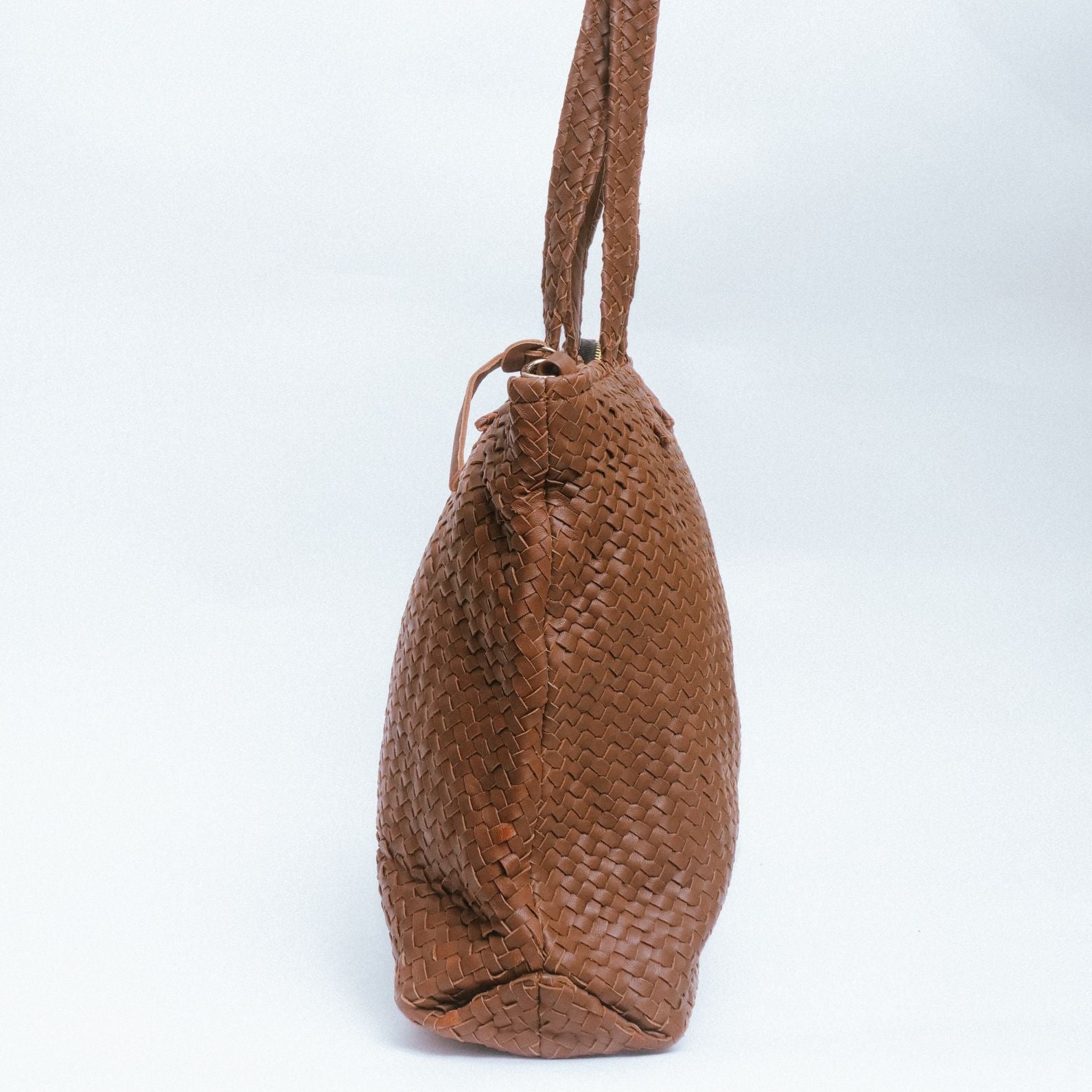 Handmade Woven  Original Leather Bag With Zipper-Tan Brown