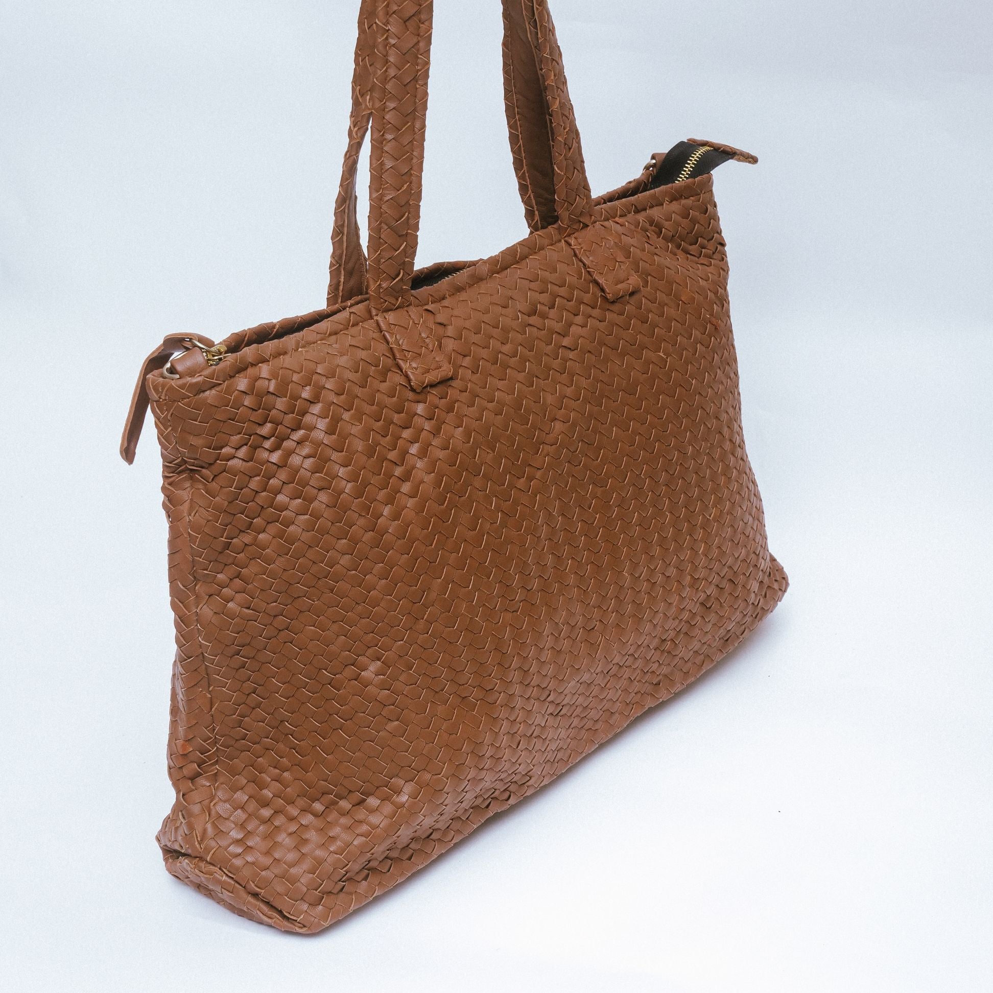 Handmade Woven  Original Leather Bag With Zipper-Tan Brown