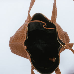 Handmade Woven  Original Leather Bag With Zipper-Tan Brown