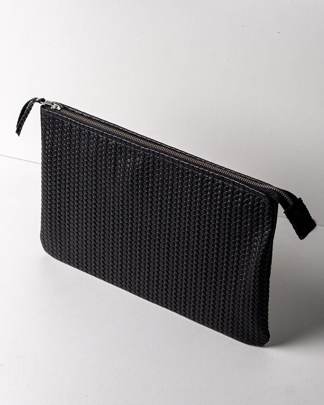 Coffer Mini Handwoven Leather Zipper Clutch-Black