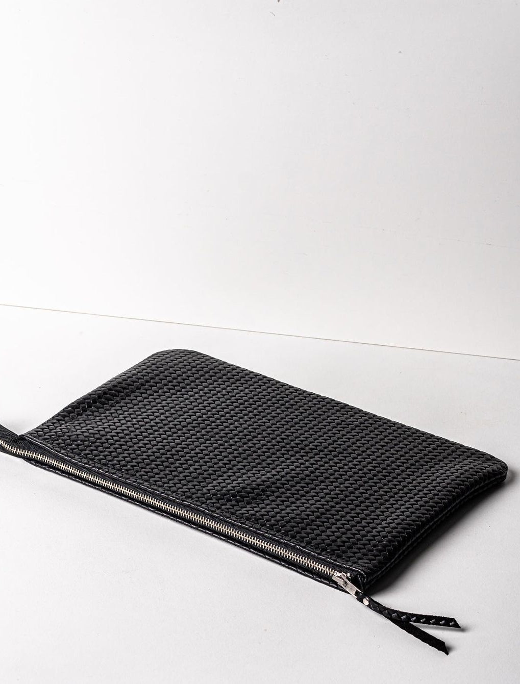 Coffer Mini Handwoven Leather Zipper Clutch-Black