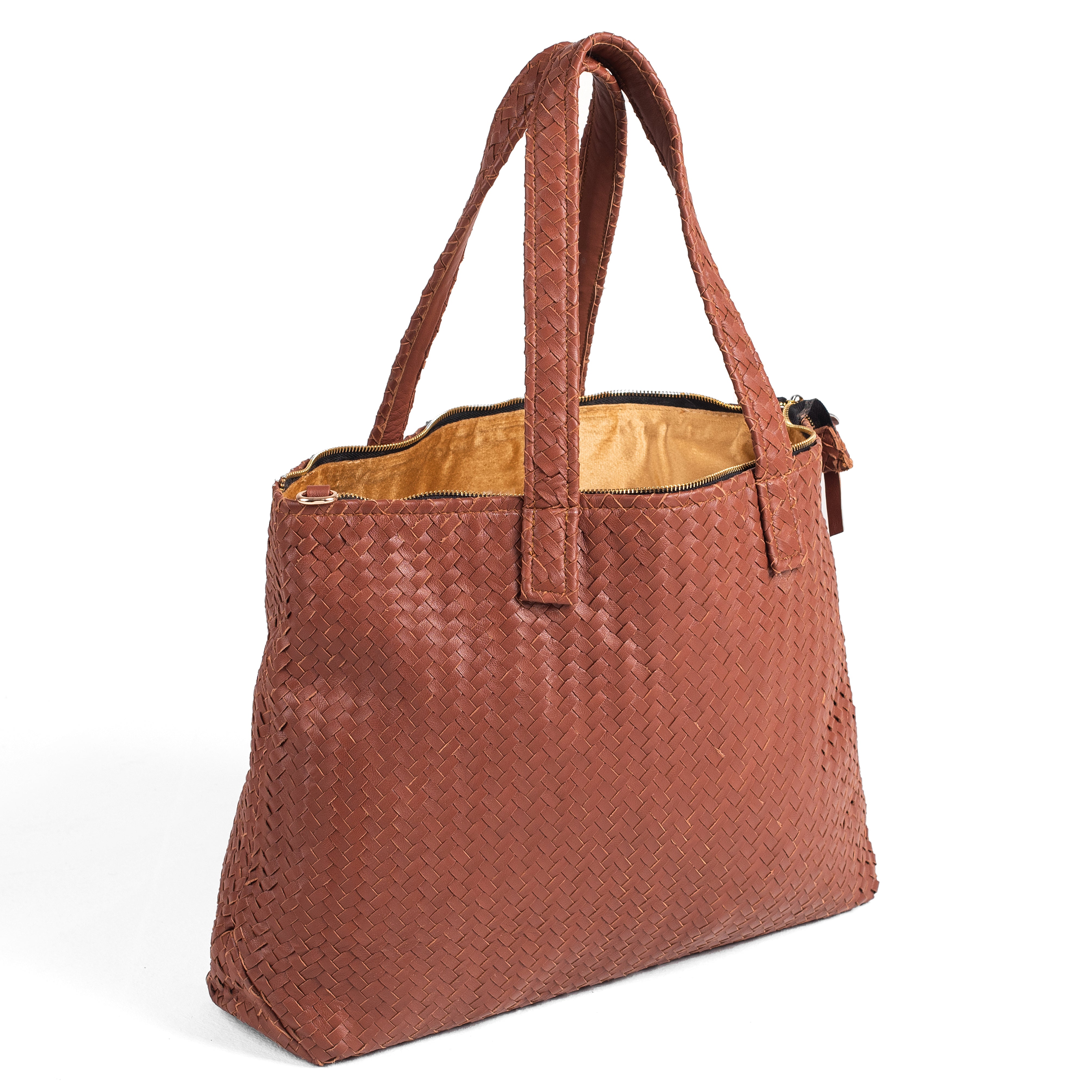 Handmade Woven  Original Leather Bag With Zipper-Tan Brown