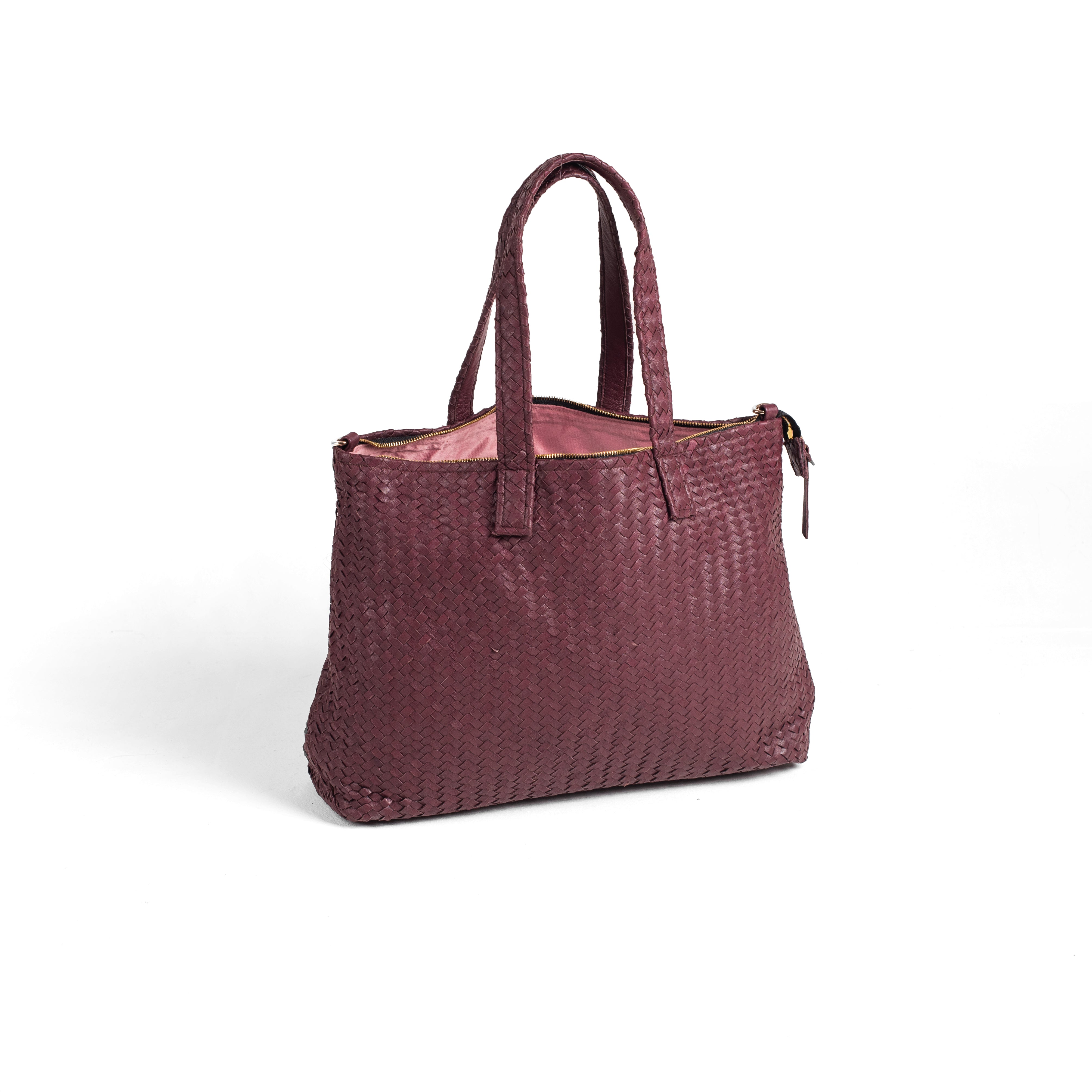 Handmade Woven  Original Leather Bag With Zipper Burgundy