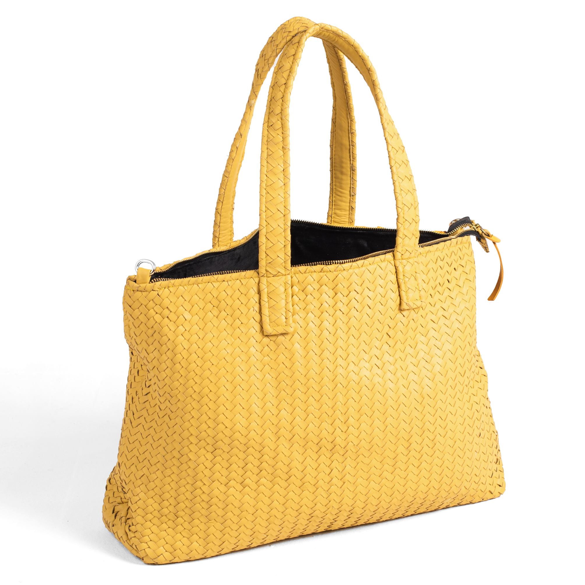 Handmade Woven  Original Leather Bag With Zipper-Yellow