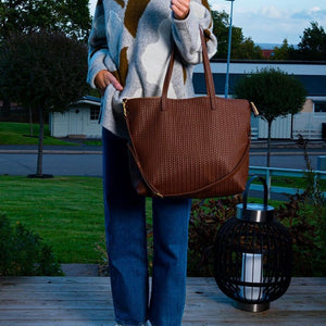 Handmade Woven  Original Leather Bag With Zipper-Tan Brown