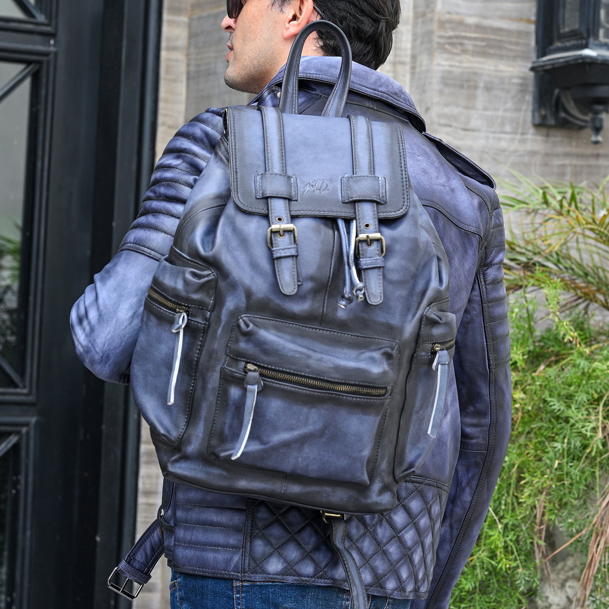 Leather Backpack Travel Laptop Office Bag - Vintage Blue