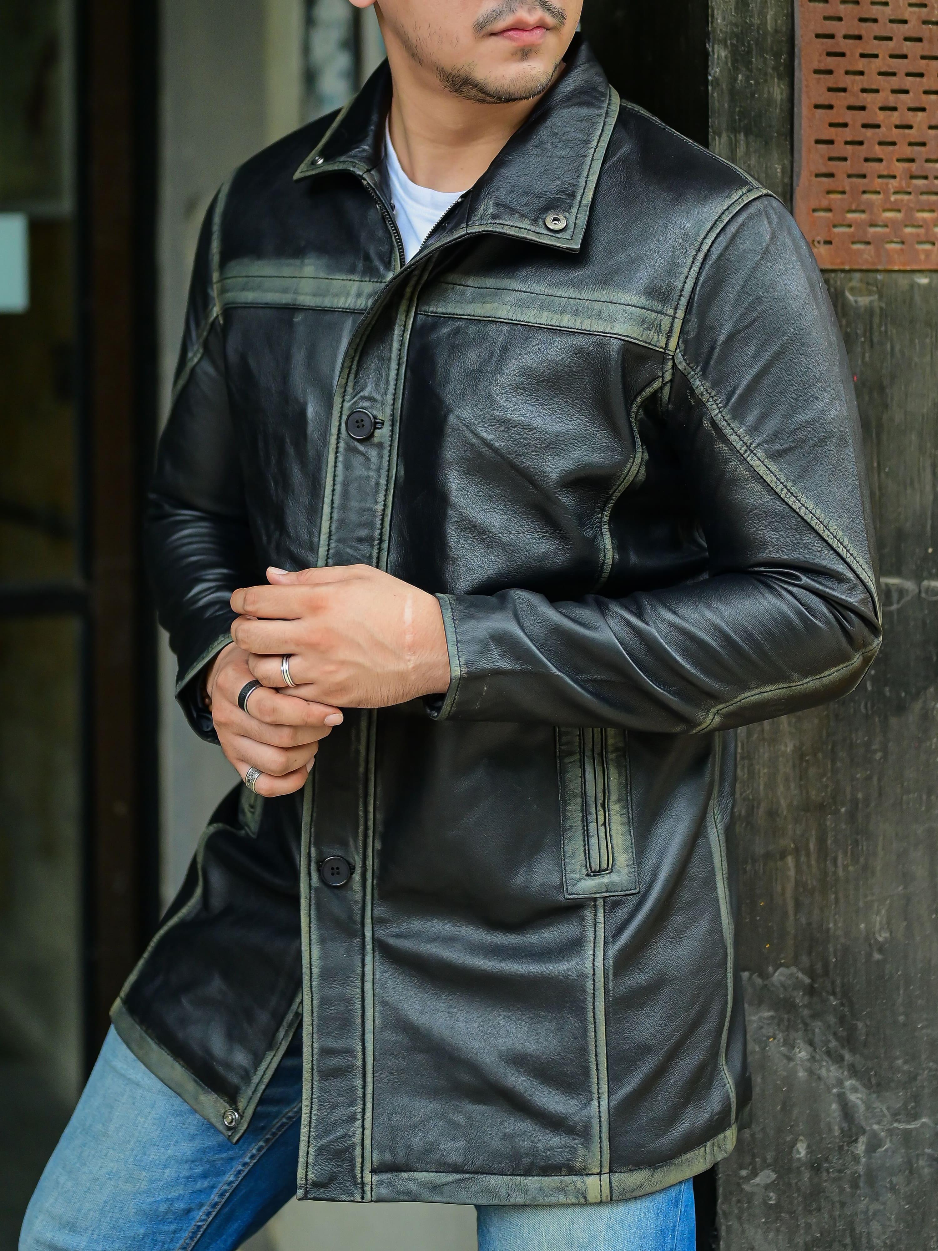 Jild 3/4 Length Trench Leather Car Coats for Men