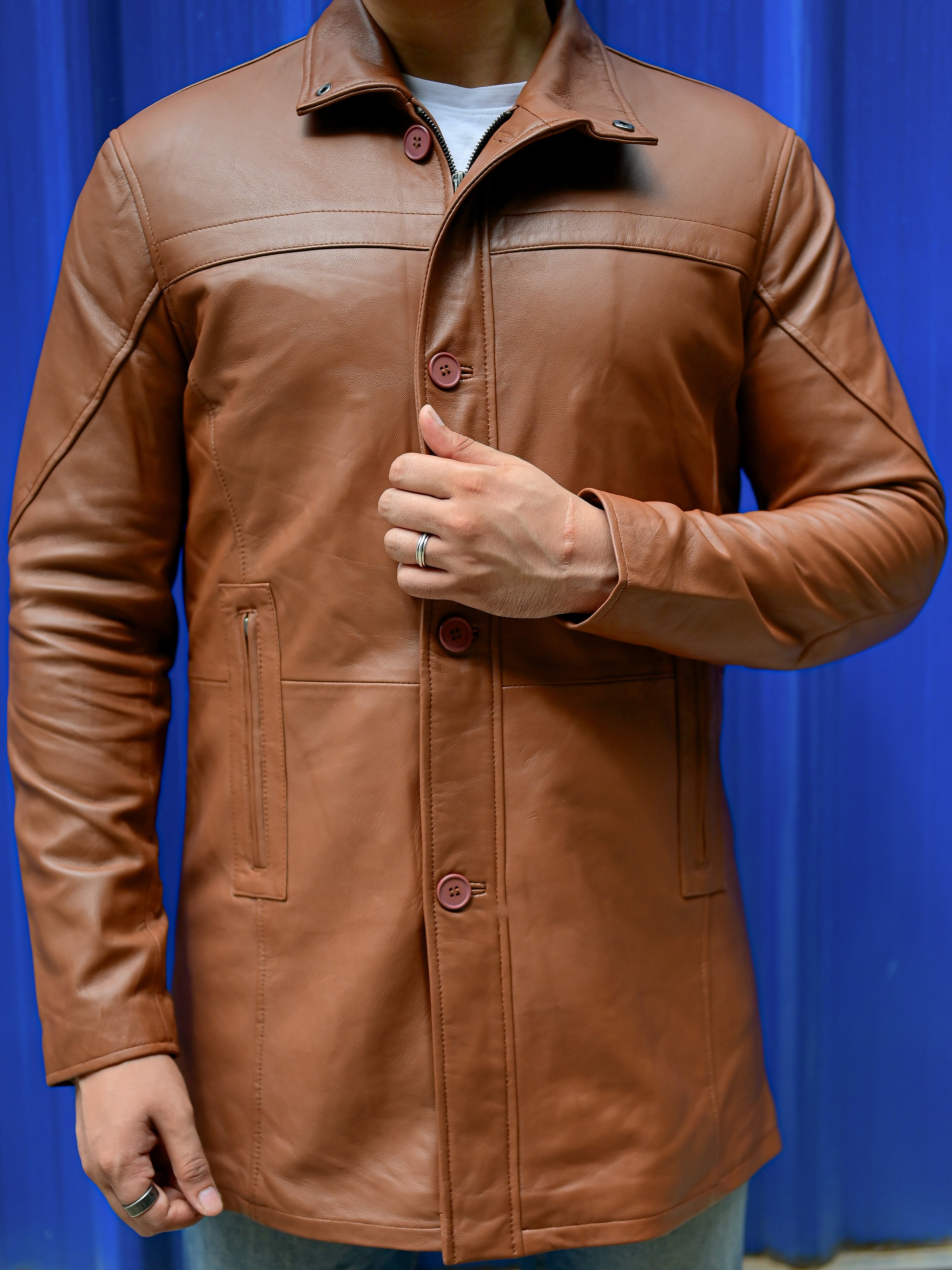 Jild 3/4 Length Trench Leather Car Coats for Men