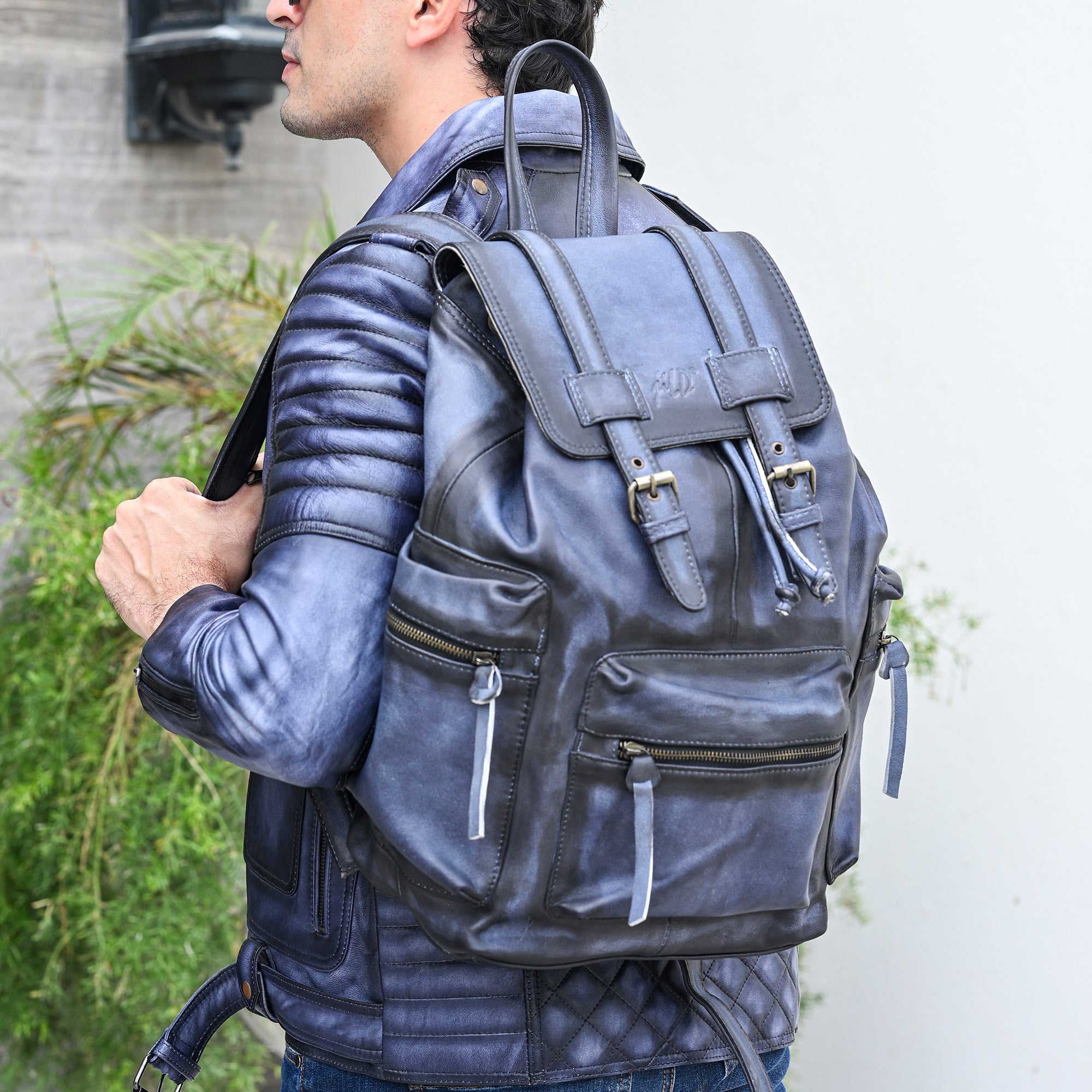 Leather Backpack Travel Laptop Office Bag - Vintage Blue