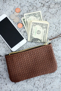 Coffer Mini Handwoven Leather Zipper Clutch-Tan Brown