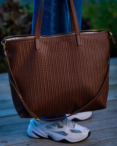 Handmade Woven  Original Leather Bag With Zipper-Tan Brown