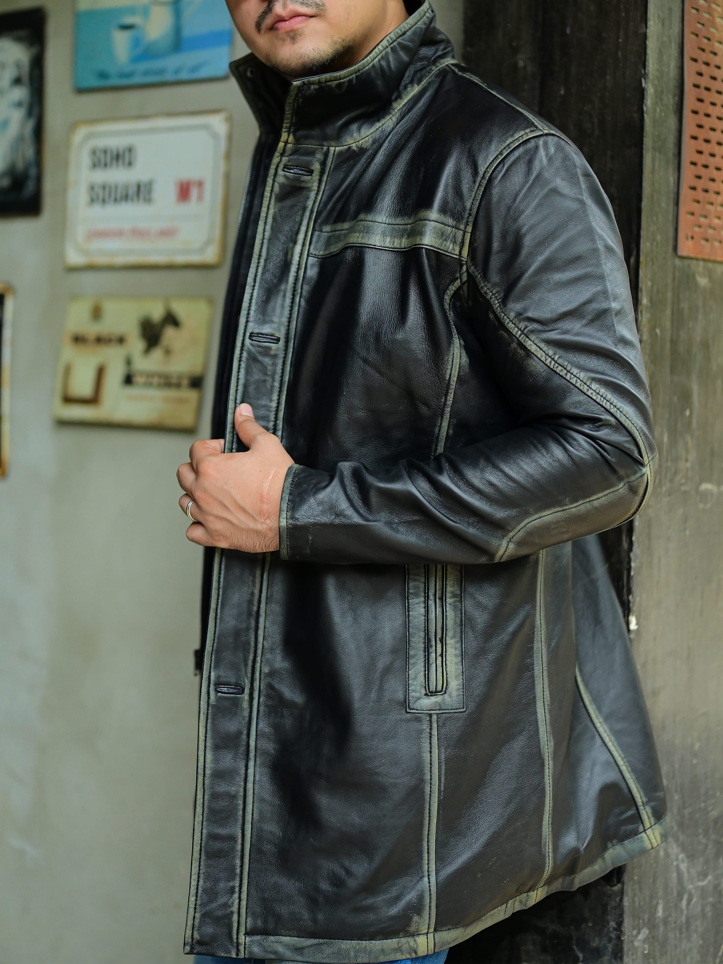 Jild 3/4 Length Trench Leather Car Coats for Men