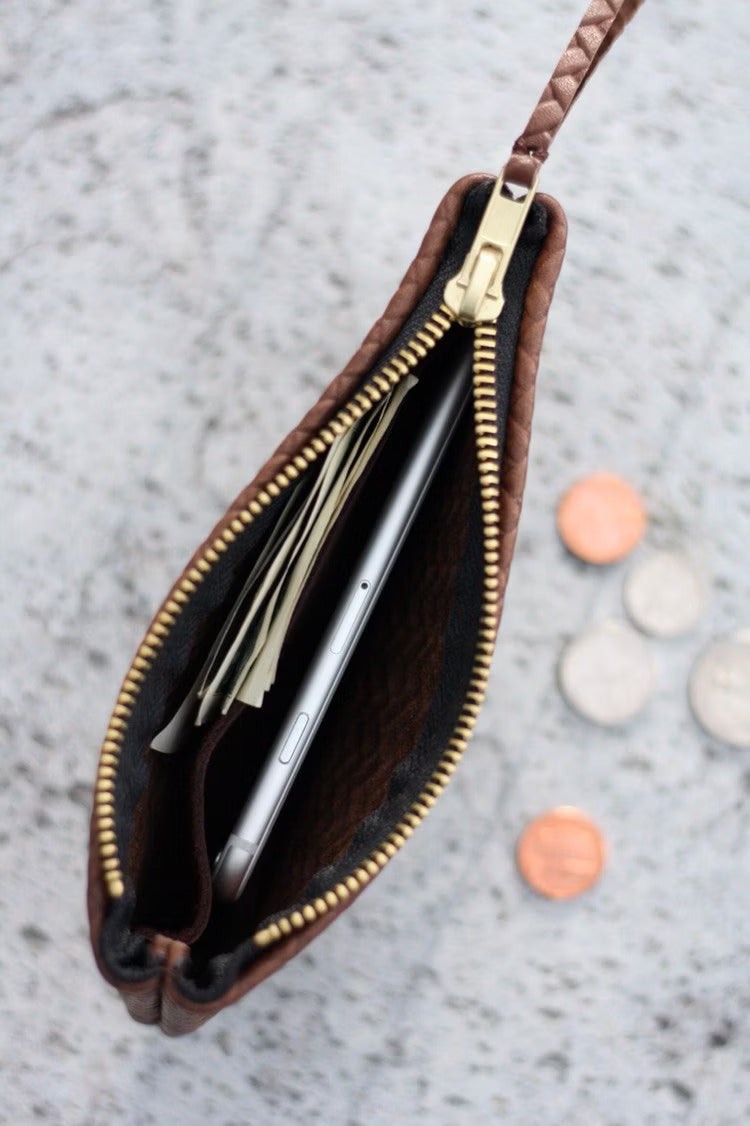 Coffer Mini Handwoven Leather Zipper Clutch-Tan Brown