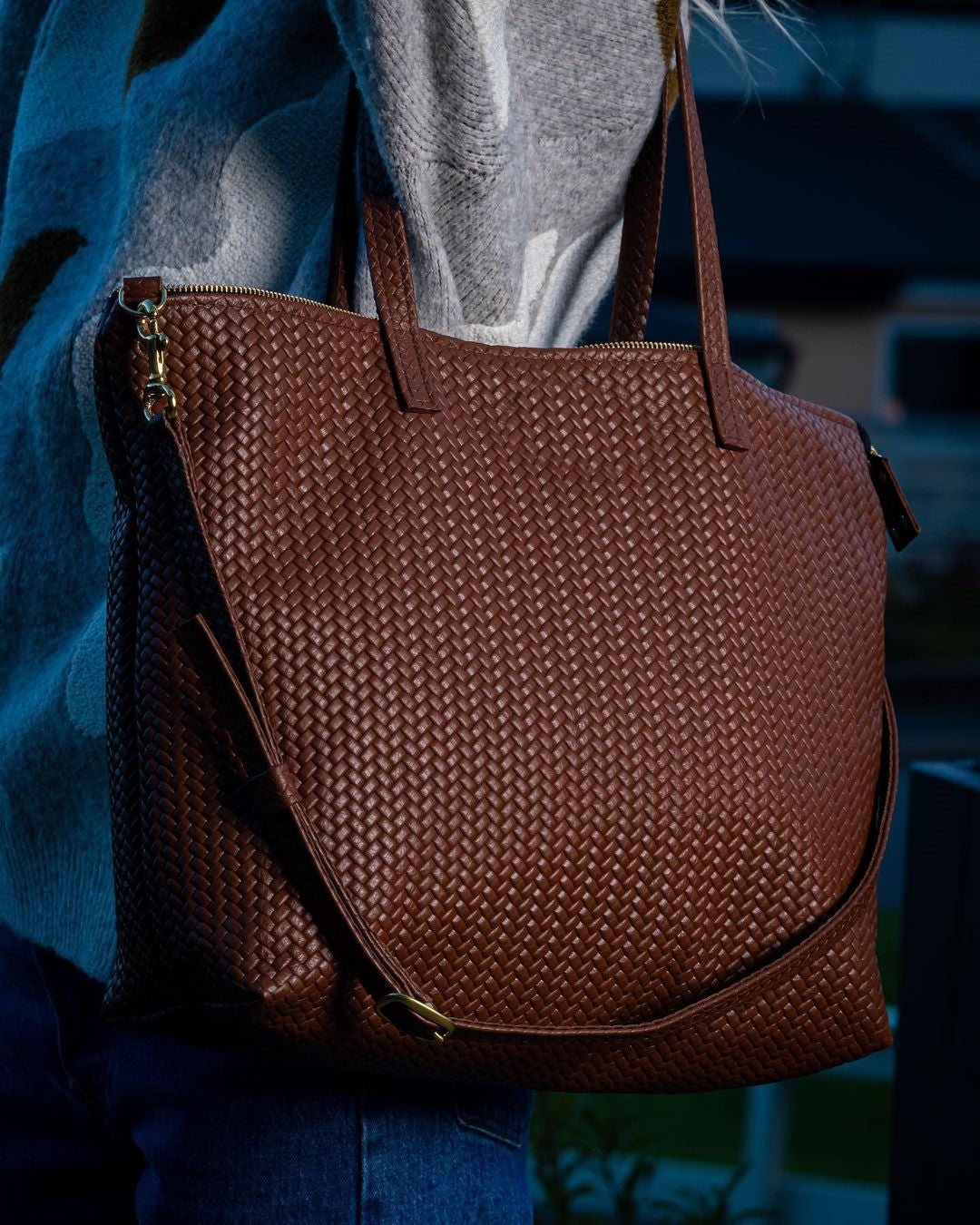 Handmade Woven  Original Leather Bag With Zipper-Tan Brown