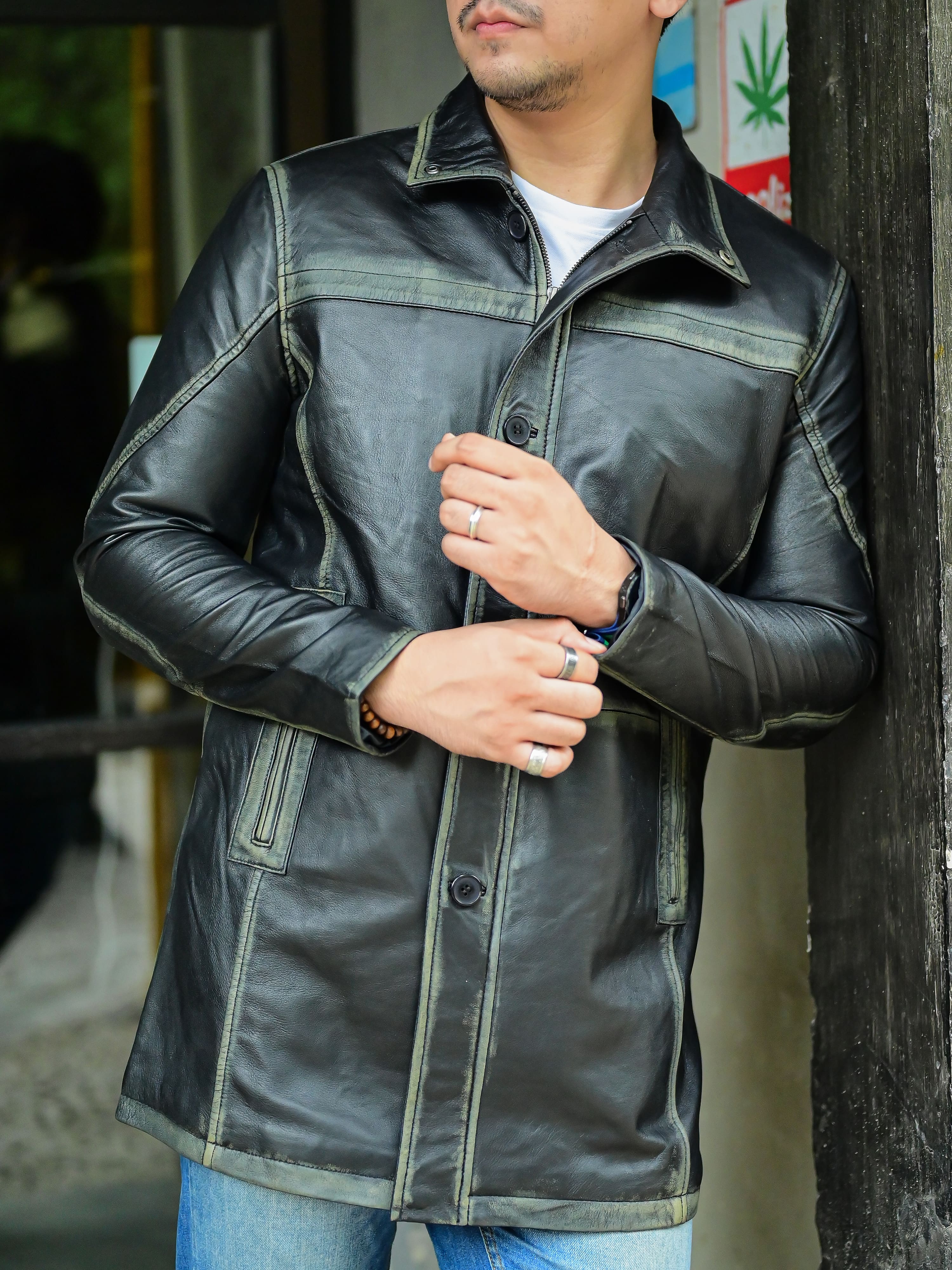 Jild 3/4 Length Trench Leather Car Coats for Men