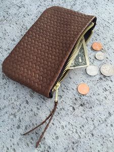 Coffer Mini Handwoven Leather Zipper Clutch-Tan Brown