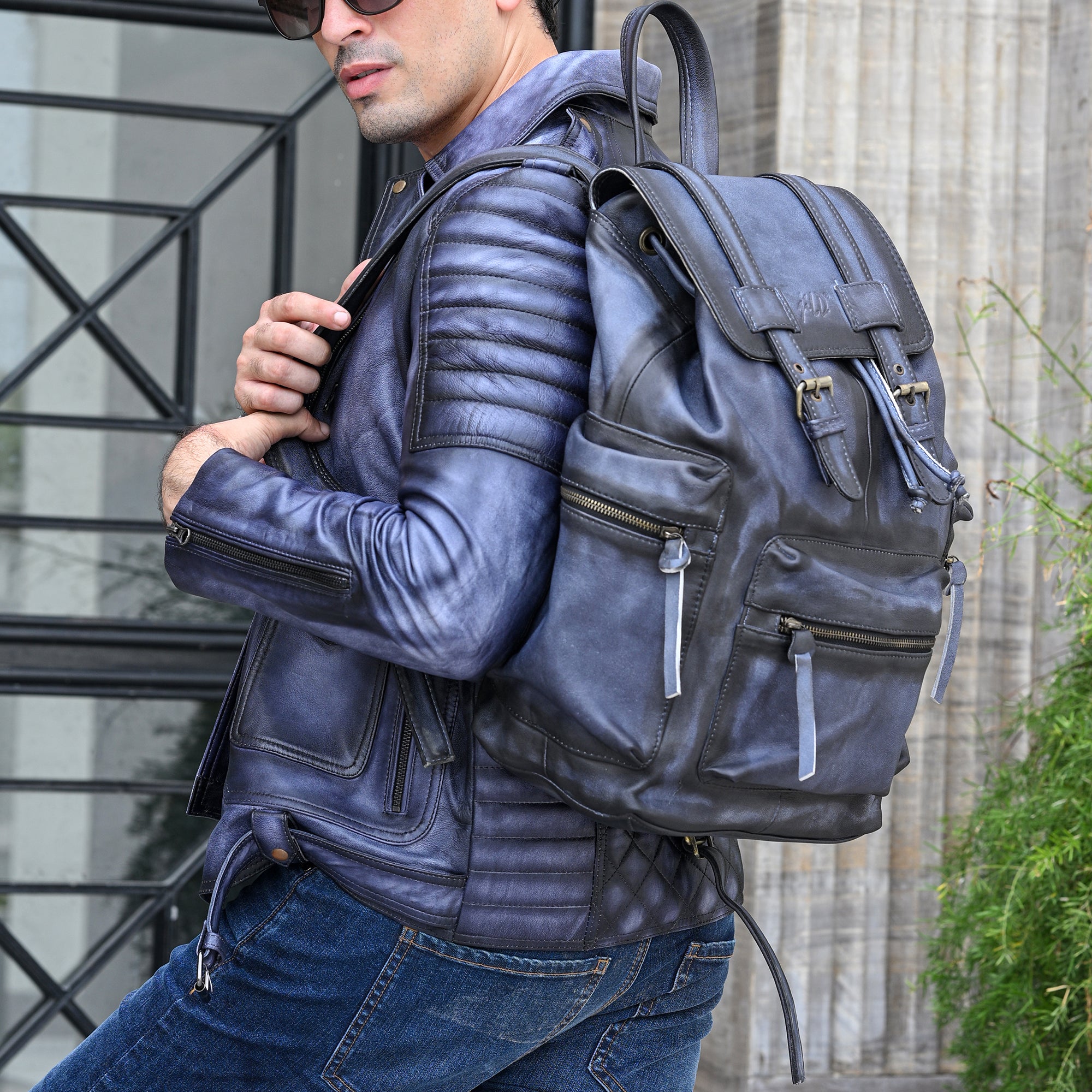 Leather Backpack Travel Laptop Office Bag - Vintage Blue