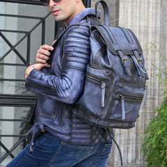 Leather Backpack Travel Laptop Office Bag - Vintage Blue