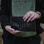 Load image into Gallery viewer, Coffer Mini Handwoven Leather Zipper Clutch-Black
