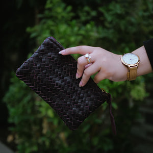 Coffer Mini Handwoven Leather Zipper Clutch-Burgundy