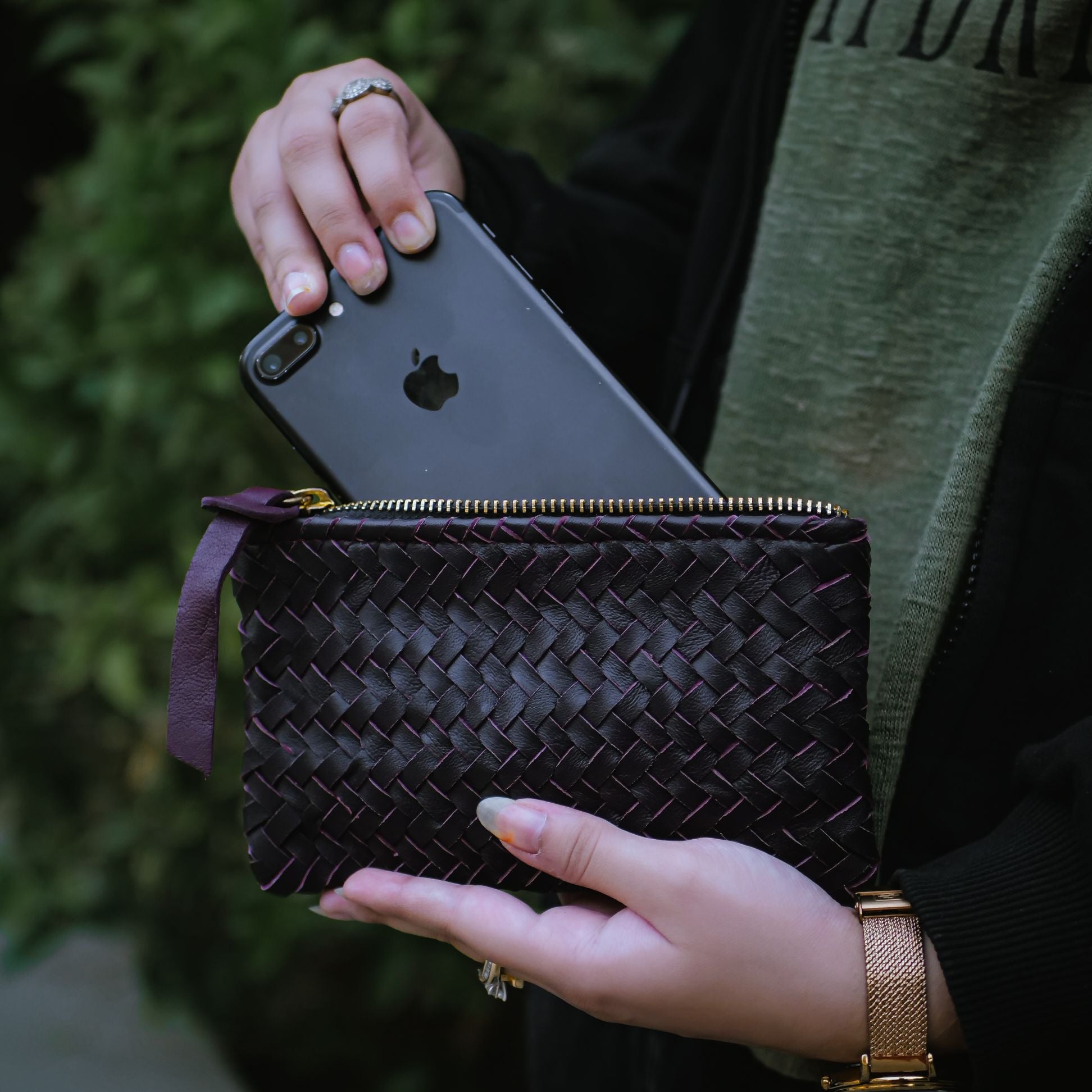 Coffer Mini Handwoven Leather Zipper Clutch-Burgundy