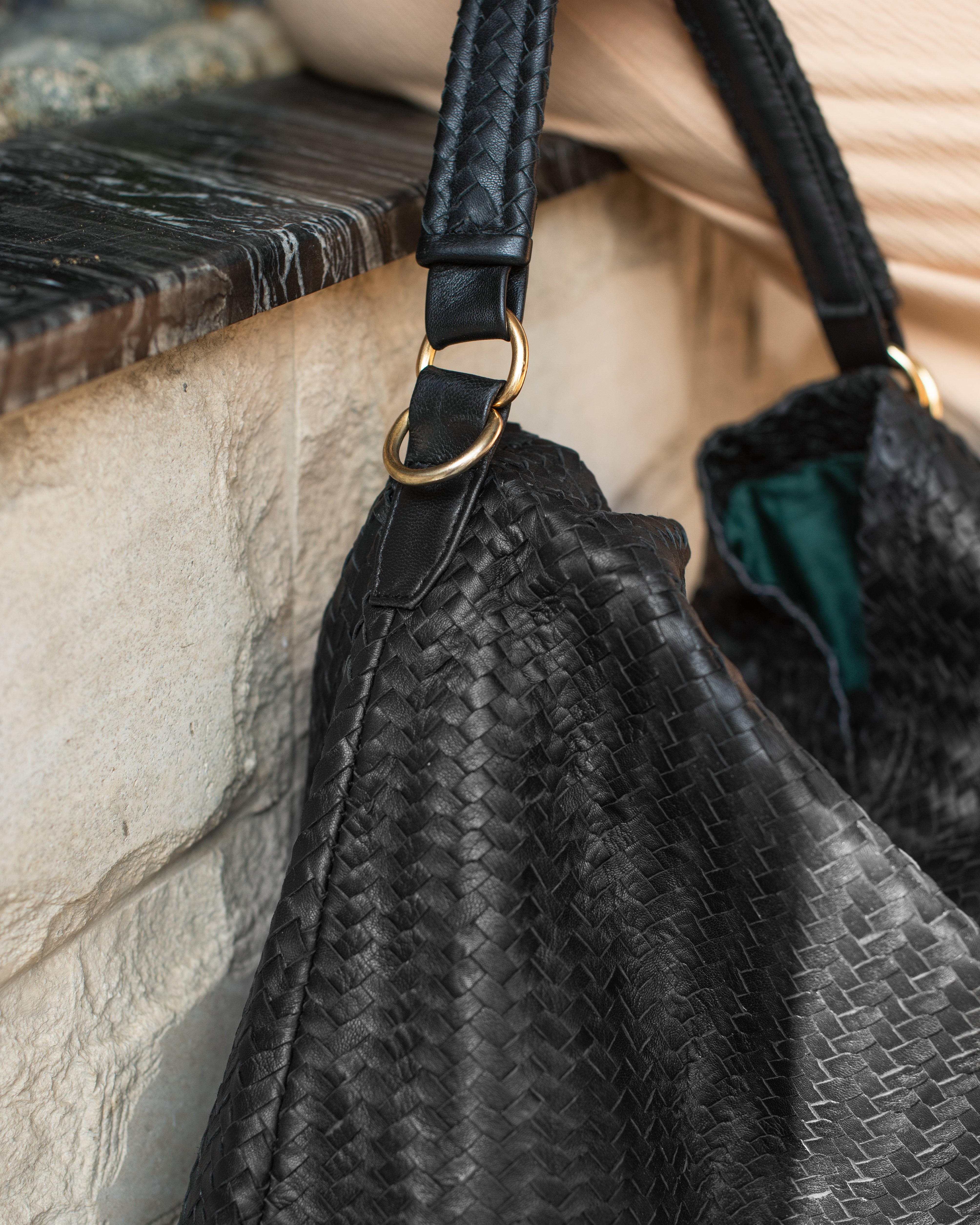 Woven black leather bag best sale