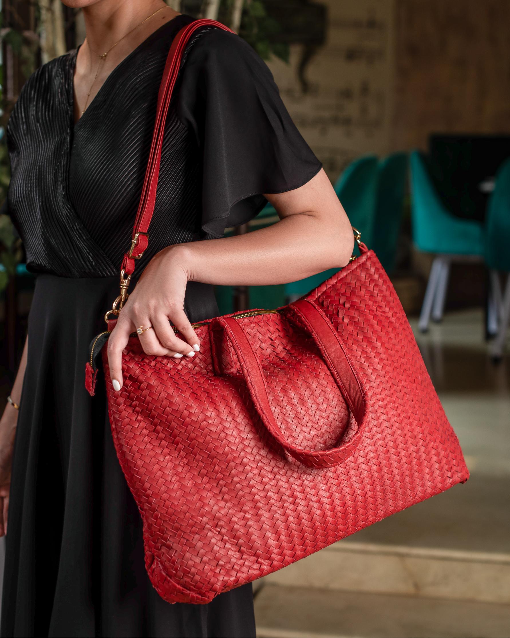 Handmade Woven Original Leather Bag With Zipper-Red