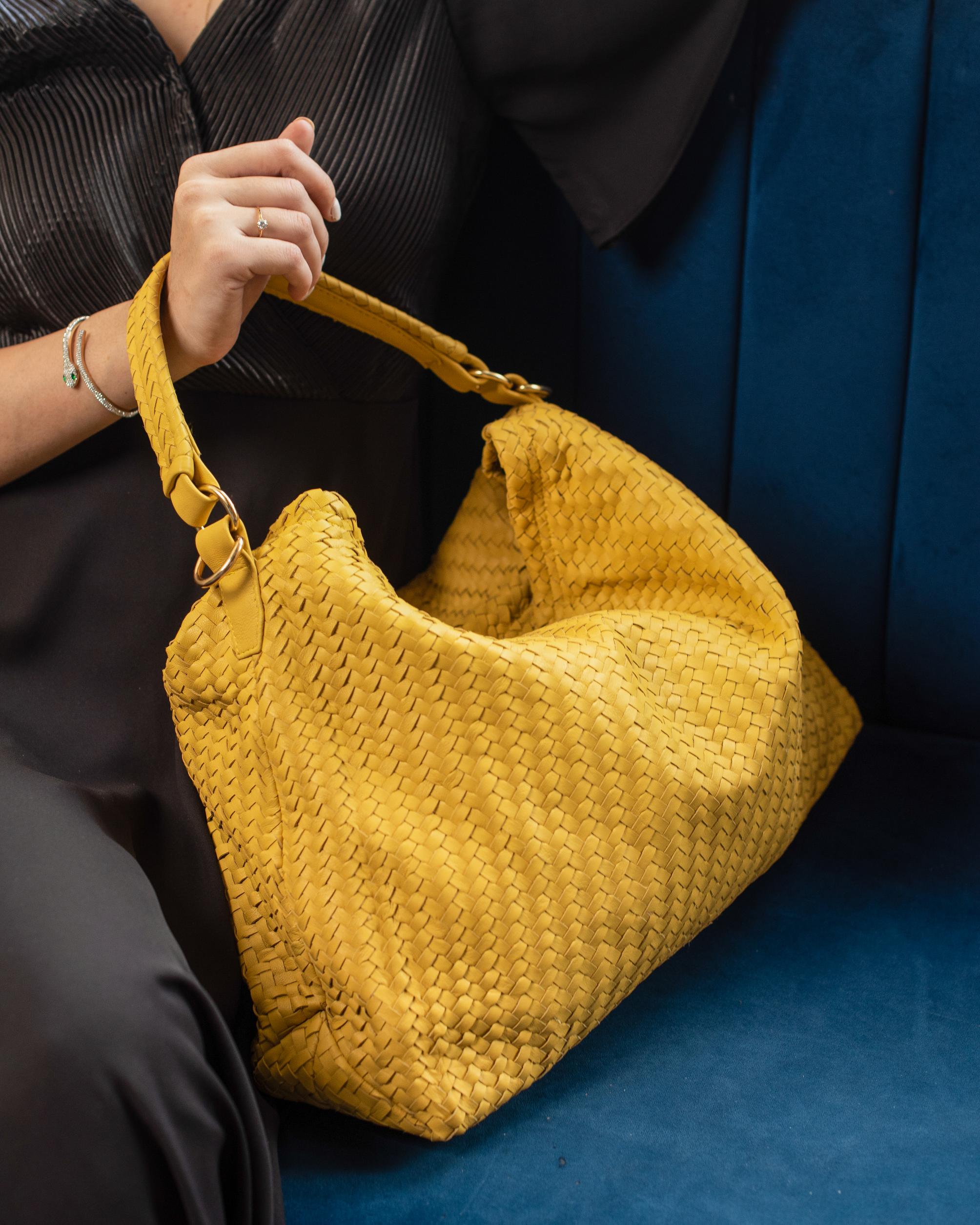 Handmade Woven  Original Leather Bag With Zipper-Yellow