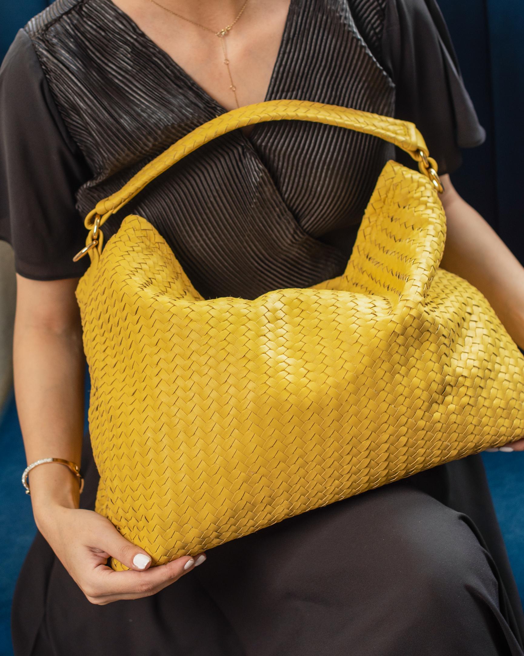 Handmade Woven  Original Leather Bag With Zipper-Yellow