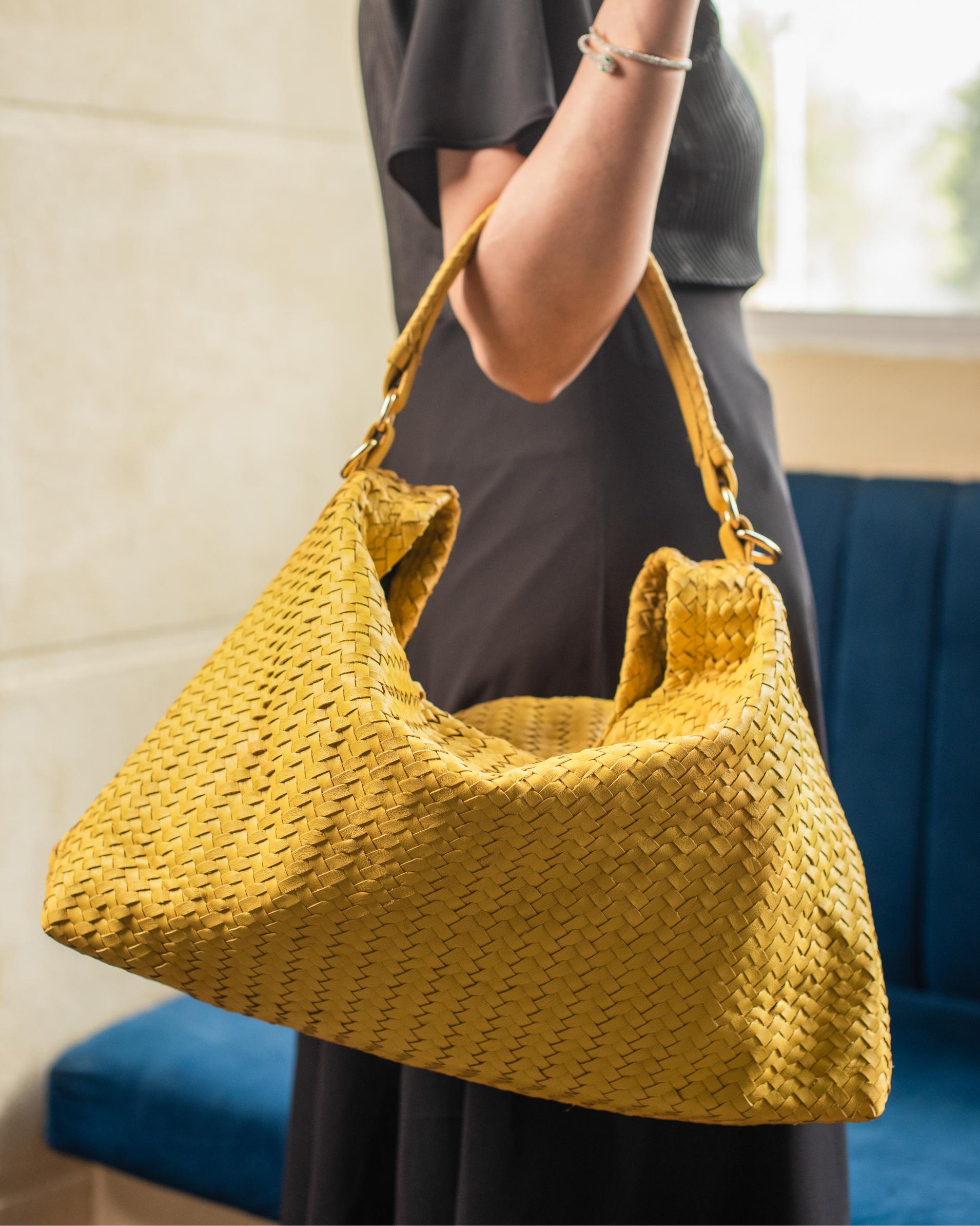 Handmade Woven  Original Leather Bag With Zipper-Yellow