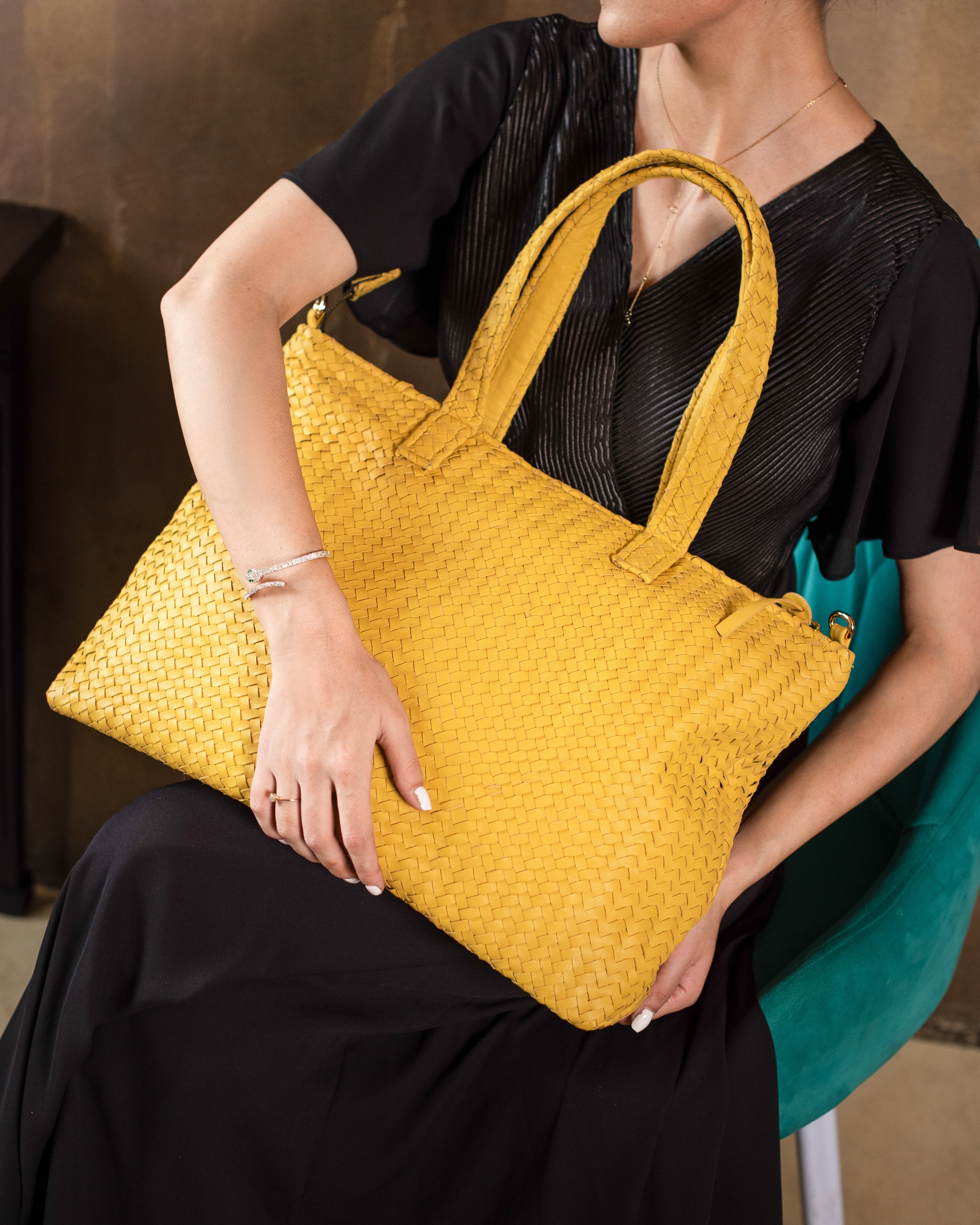 Handmade Woven  Original Leather Bag-Yellow