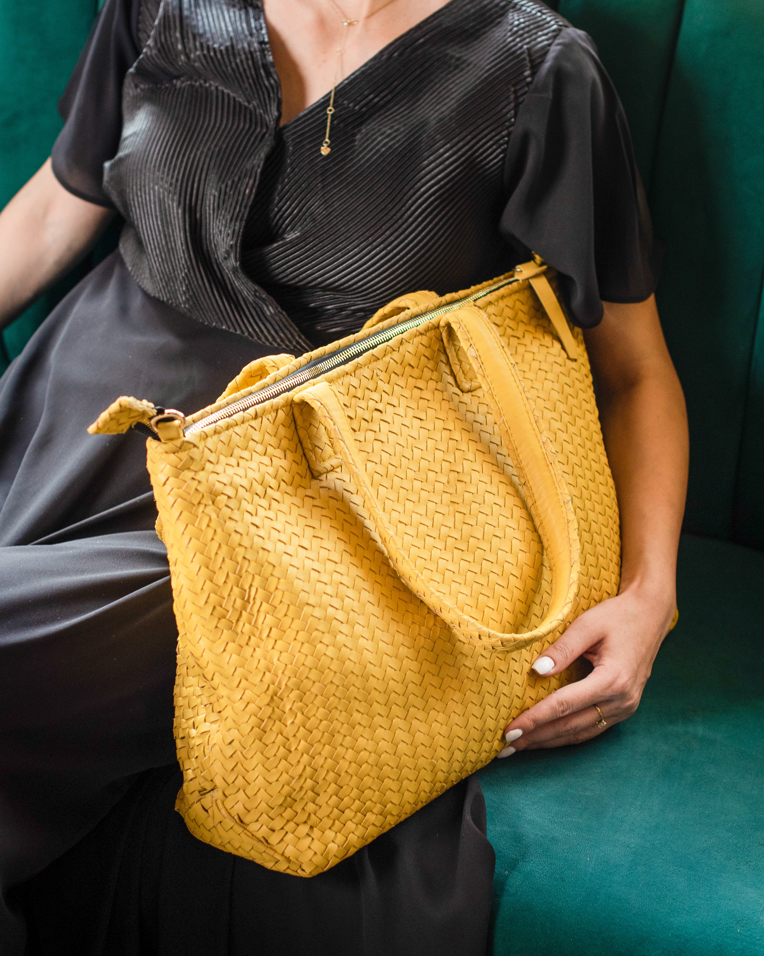 Handmade Woven  Original Leather Bag-Yellow
