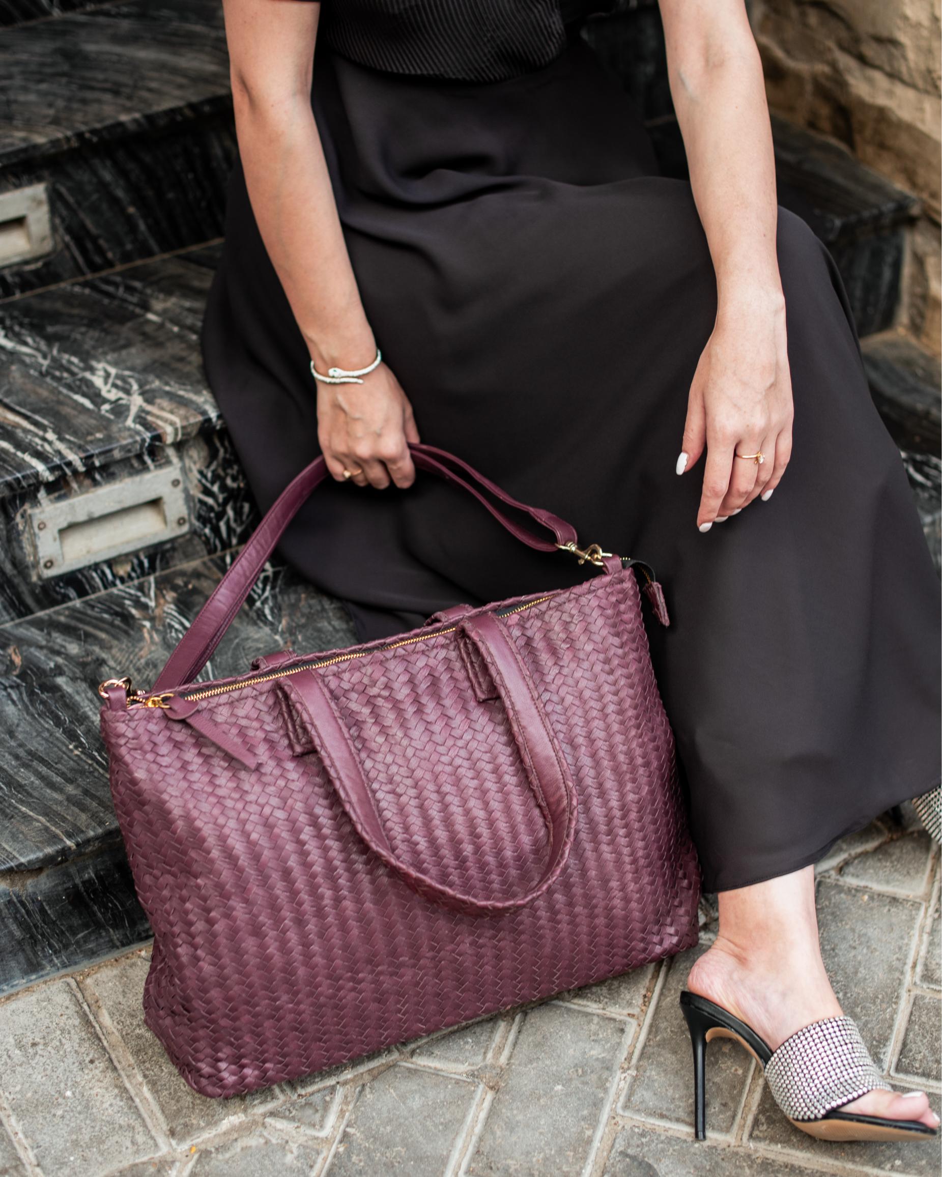 Handmade Woven  Original Leather Bag With Zipper Burgundy