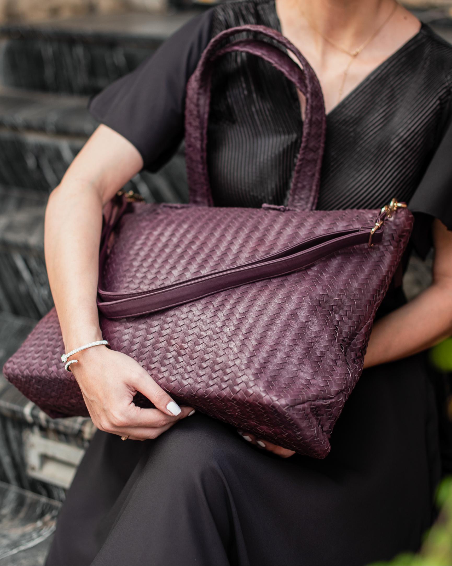 Handmade Woven  Original Leather Bag With Zipper Burgundy