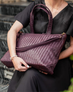 Handmade Woven  Original Leather Bag With Zipper Burgundy