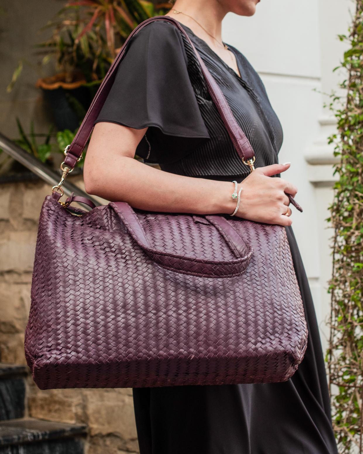 Handmade Woven  Original Leather Bag With Zipper Burgundy