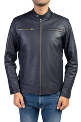 Blue Mens Pure Sheep Leather Zipper Jacket