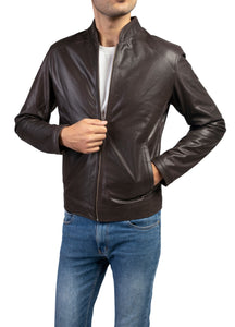 Mens Cow Leather Jacket Collar Style-Brown